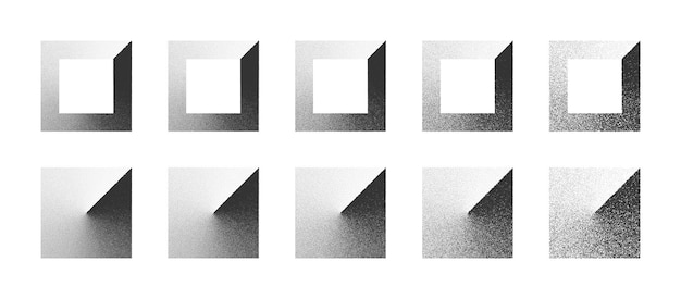 Пунктирный квадрат по часовой стрелке градиент руки Drawn Dotwork вектор абстрактные формы набор в различных вариациях, изолированные на белом фоне. Коллекция элементов дизайна с точками черного шума разной степени