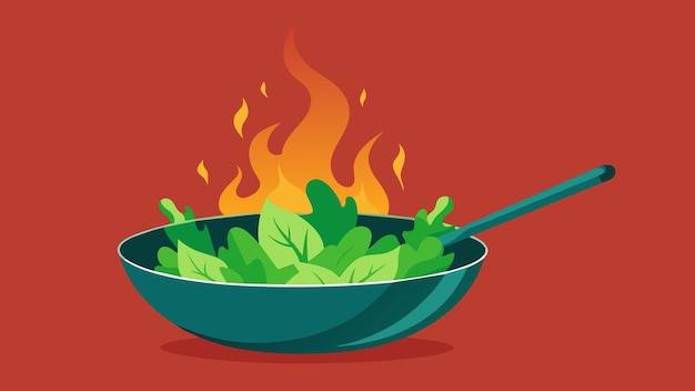 Vector stirfrying fresh greens in a wok over a high flame a traditional and efficient cooking od from asia