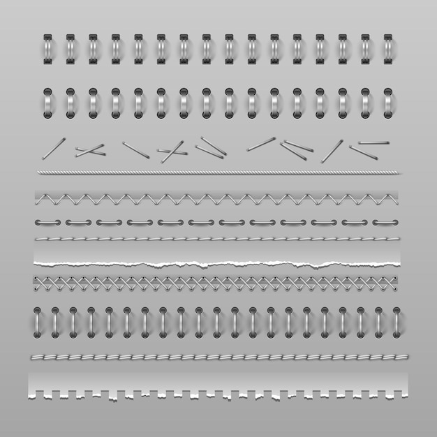 Vector stitches, notebook spiral binding and stapler pins, divider realistic mockups