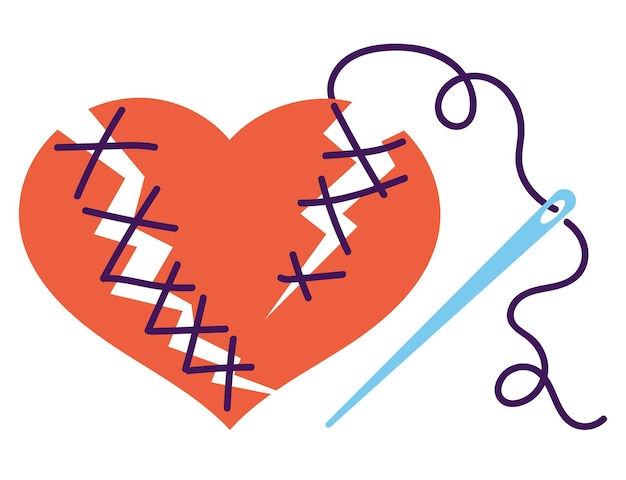 Stitching broken heart geïsoleerd concept Vector plat grafisch ontwerp illustratie