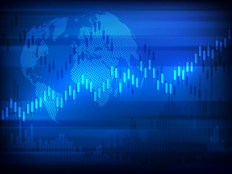 Vector stock exchange chart market investment trading with world map. trading platform. business graph.