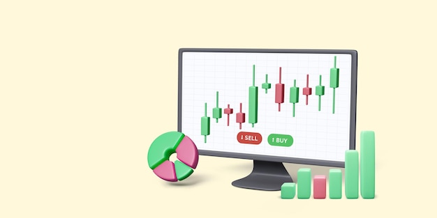 チャートとローソク足グラフを備えたPC 3Dコンピューターモニターでの証券取引所と外国為替取引