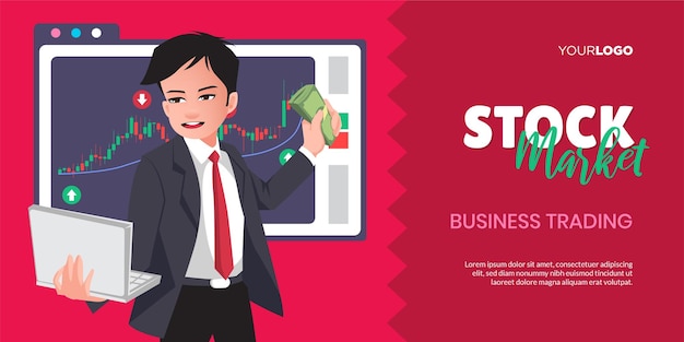 Stock market business trading banner with cartoon character