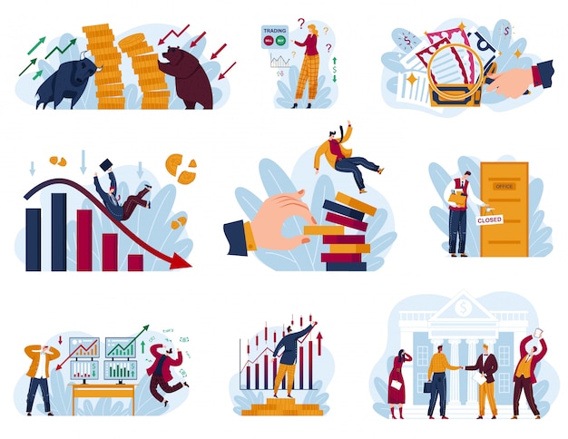 Stock market concept illustratie set, cartoon collectie met handelaar zakenman werkt in de analyse van financiële bedrijfsgegevens