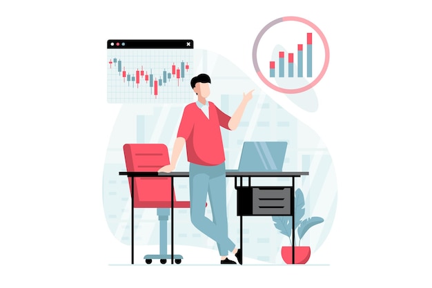 Vector stock market concept with people scene in flat design man is engaged in trading analyzes bar graphs charts and market trends invests money vector illustration with character situation for web