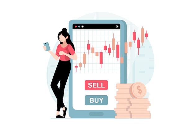 Stock market concept with people scene in flat design woman analyzes bar chart in mobile application buys and sells shares of company for profit vector illustration with character situation for web