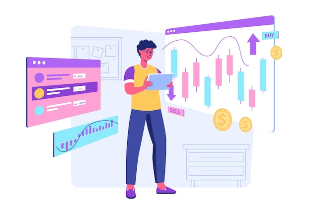 Vector stock market concept with people scene for web man working at stocks exchange and making financial operation trading and investing in global business vector illustration in flat perspective design