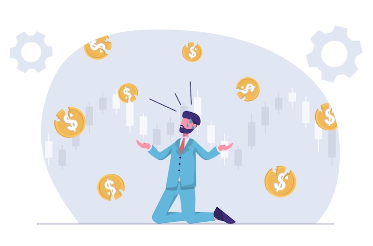 Vector stock market crash businessman kneeling raining ruined dollars all around