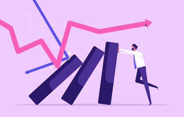 Vector stock market crash economic recession man trying to prevent the bar chart from falling down