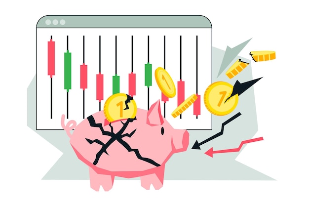 Stock market crash and financial crisis vector banner with piggy bank