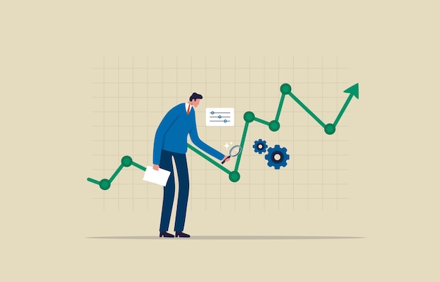 Analisi dei dati del mercato azionario analizzare i grafici finanziari o di investimento uomo d'affari che utilizza la lente di ingrandimento e gli strumenti per analizzare l'illustrazione del grafico