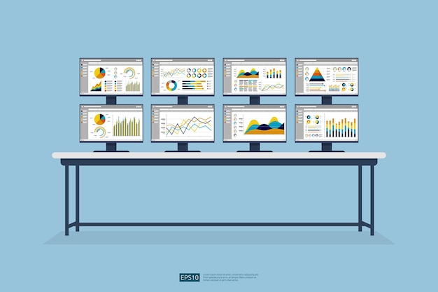 ベクトル データセンター室の株式市場データベース情報グラフ監視と分析レポート統計投資ウェブサイトseo画面テーブル上のpcモニター
