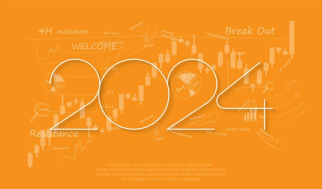 Stock market design with 2024 year concept up trend for financial market design with thin numbers on orange background