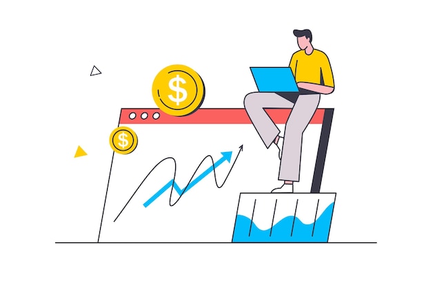 Stock market flat line concept. Man looks at stock data graph and success trading earning money