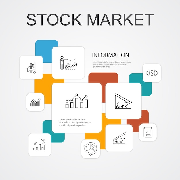 Modello di icone di linea 10 infografica del mercato azionario. broker, finanza, grafico, icone semplici di quota di mercato