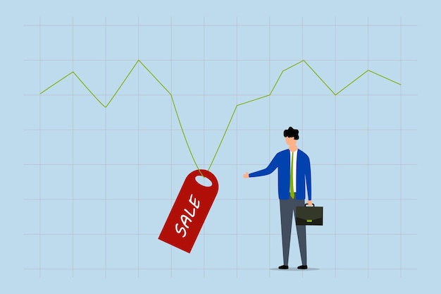 Vector stock market is on sale finance manager pointing at most reduced with deal sticker price on securities exchange diagram