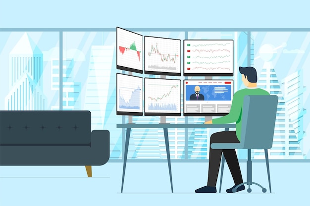 Vector stock market male trader in office looking at multiple computer screens with financial charts