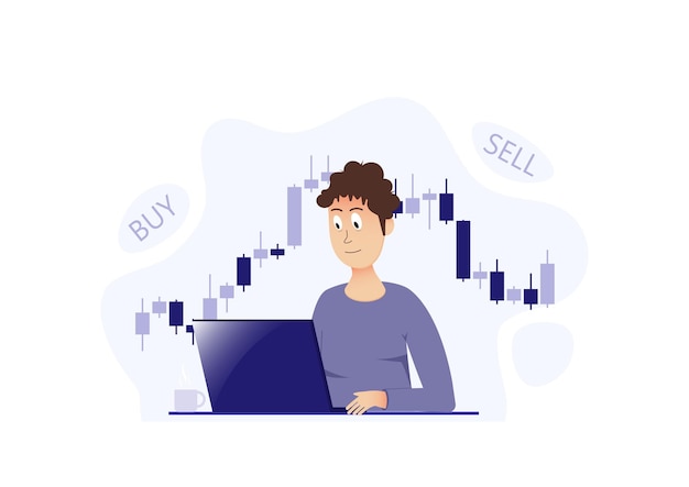 Vector stock market modern flat concept for web banner design male trader buys and sells on stock.