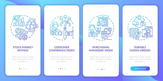 Valutazioni del mercato azionario onboarding schermata della pagina dell'app mobile con concetti. guida agli indicatori di ripresa economica 4 passaggi. modello di interfaccia utente con illustrazioni a colori rgb