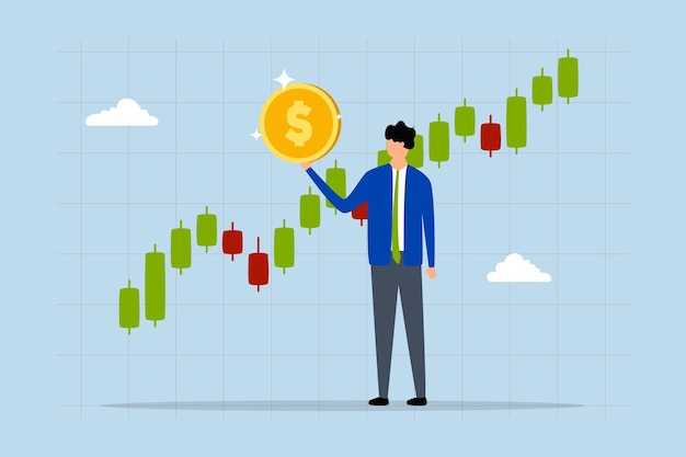 Stock market trader businessman trader possesses dollar coin while examining chart and graph