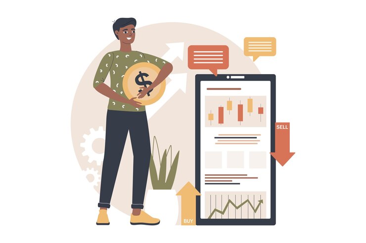 Vector stock market yellow and brown concept with people scene in the flat cartoon design