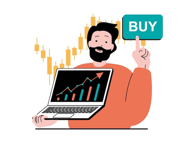 Stock trading concept met karaktersituatie man verdient geld en verhoogt zijn investeringen door positieve trends op de beurs vectorillustratie met mensenscène in plat ontwerp voor web