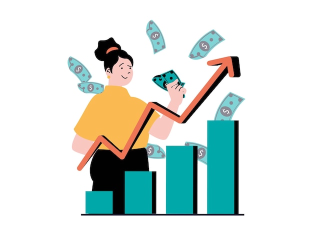 Vector stock trading concept with character situation woman trader earning on stock exchange successful financial strategy and investment vector illustration with people scene in flat design for web