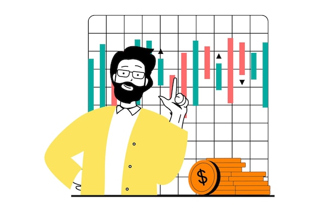 Vettore concetto di compravendita di azioni con scena di persone in web design piatto uomo che ricerca l'andamento del mercato finanziario nel grafico e fa investimenti illustrazione vettoriale per materiale di marketing banner sui social media