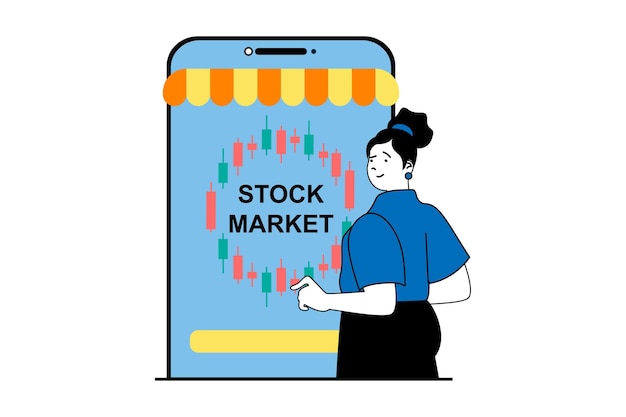 Концепция торговли акциями с людьми в плоском веб-дизайне Женщина делает инвестиции, анализирует графики и зарабатывает деньги в мобильном приложении Векторная иллюстрация для маркетинговых материалов в социальных сетях