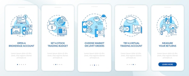 Schermata della pagina dell'app per dispositivi mobili di onboarding del percorso di scambio azionario con concetti
