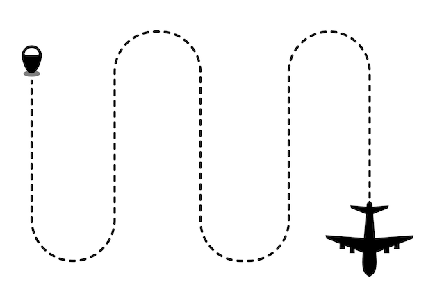 Вектор Иллюстрация концепции полета векторного самолета с пунктирной трассовой линией
