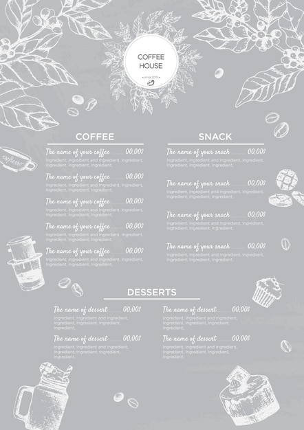 Stock vector christmas template menu della caffetteria o del ristorante un volantino per bevande per bar e caffetteria modello con illustrazione vintage disegnata a mano caffè e dessert con il gesso sulla lavagna grigia