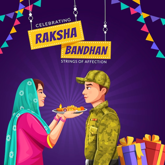 행복한 Raksha Bandhan 축하 인사말 카드를 위한 형제 및 자매의 스톡 벡터 그림