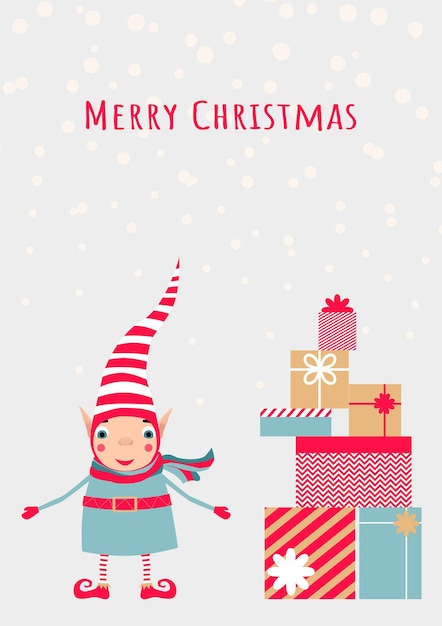 Stock vector illustration with cute christmas elf in striped red hat and scarf with christmas gifts pyramid and snowfall Template for merry christmas cards greetings banners or posters