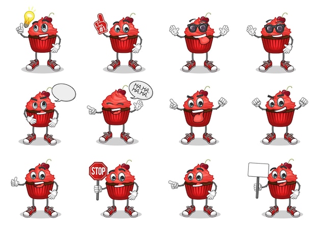 Stock vector set di mascotte cartoon cupcake rosso carino con posa ed espressione carine