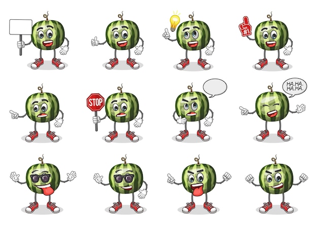 Stock vector set of cute watermelon cartoon mascot with face expression on a white background