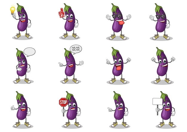 Vector stock vector set van schattige aubergine cartoon mascotte met gezichtsuitdrukking op een witte achtergrond