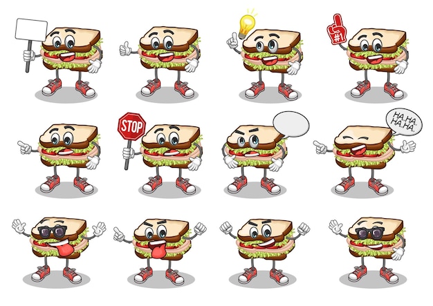 stock vector set van schattige sandwich cartoon mascotte met gezichtsuitdrukking op een witte achtergrond