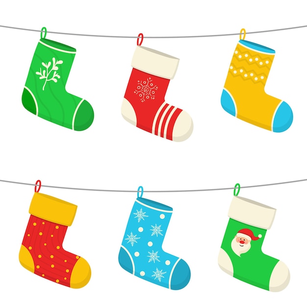 Vector stockings christmas socks new year design stickers for xmas hanging holiday decorations gifts