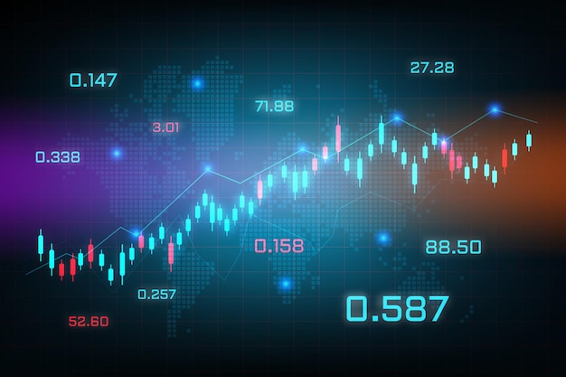 График торговли фондового рынка для исследований и инвестиций с фоном карты мира. концепции диаграммы торговли форекс, отчеты и инвестиции на синем фоне. мировой финансовый бизнес.