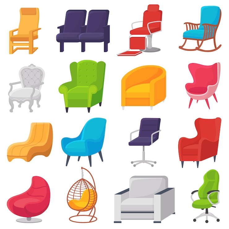 Vector stoel comfortabel meubilair fauteuil en moderne stoel ontwerp in ingerichte appartement interieur illustratie set van zakelijke bureaustoel of fauteuil geïsoleerd op een witte achtergrond