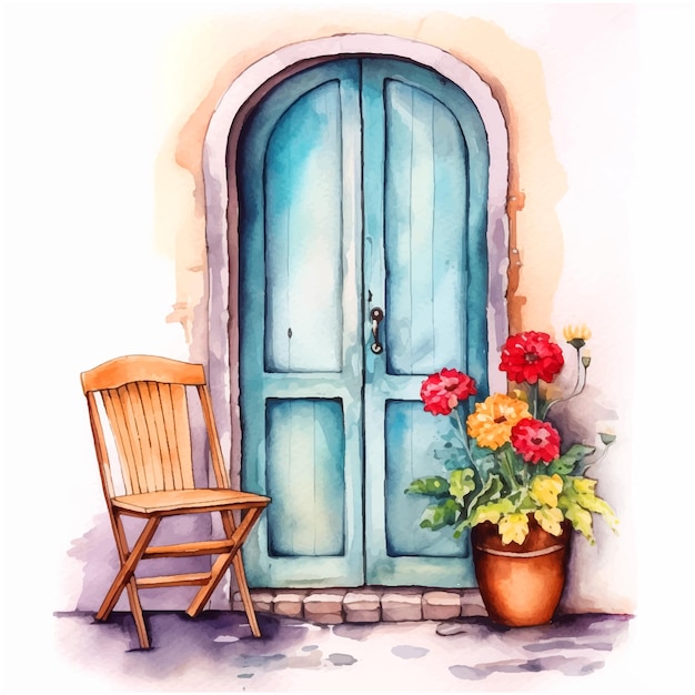 Stoel en bloemen voor de vintage deur aquarel verf
