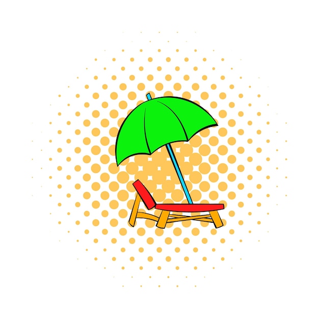 Stoel en parasol pictogram in stripverhalen stijl geïsoleerd op een witte achtergrond