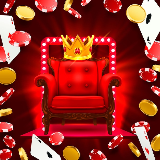 Stoel koning casino. vliegende vallende pokerkaarten met speelchips en munten. vector illustratie