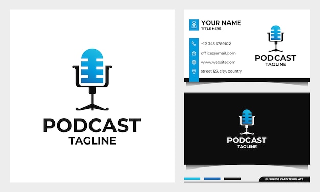 Stoel podcast mic logo-ontwerp met sjabloon voor visitekaartjes