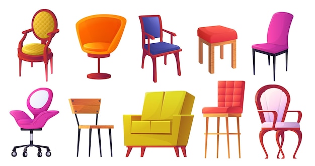 Stoelmeubilair voor- en zijaanzicht van kantoor- en thuisstoelen kleurrijke moderne en vintage fauteuils lege hedendaagse werkruimte comfort interieurobjecten vector cartoon set