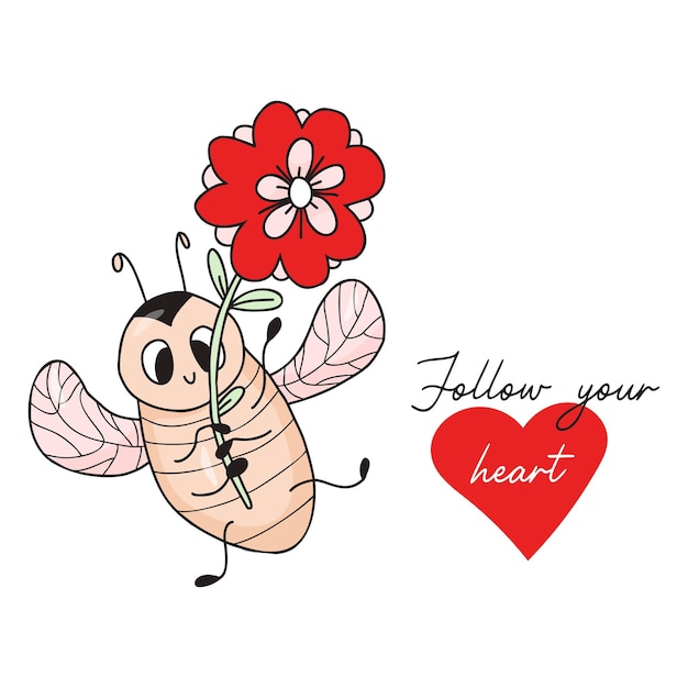 Vector stoere kaart met lieveheersbeestje verliefd insect lieveheersbeestje met bloem volg je hart