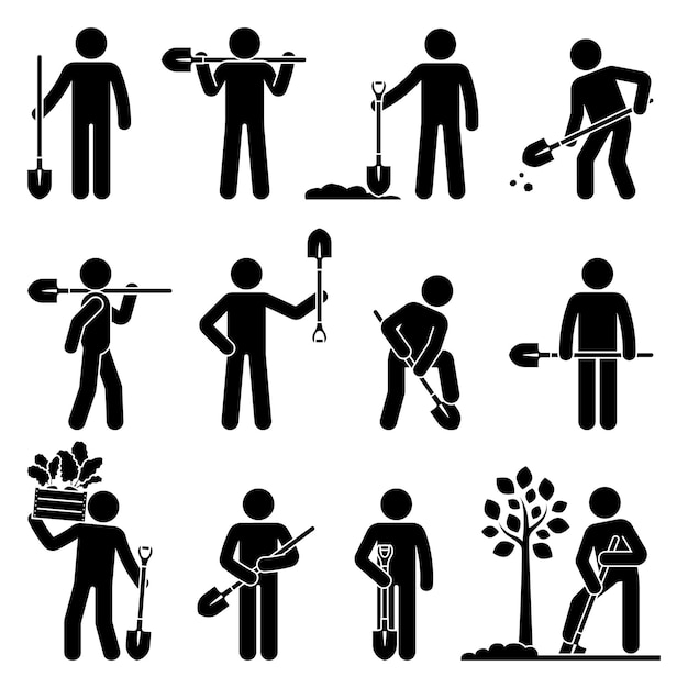 Stok figuur man met schop en schop graven grond planten boom verzamelen oogst pictogram