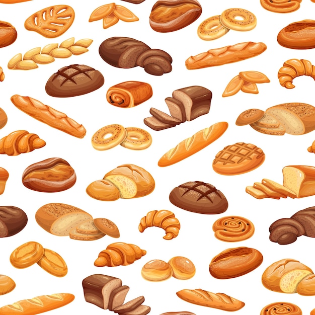Stokbrood bakkerij product naadloze patroon, gekleurde vector achtergrond. Broodje bakken, gebak en sneetjes brood. Tabatiere, epi stokbrood, bagel, pain au levain, petits pains en ets.