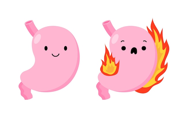 Stomach character Heartburn acid Ailing burning stomach Cartoon internal organs Gastritis